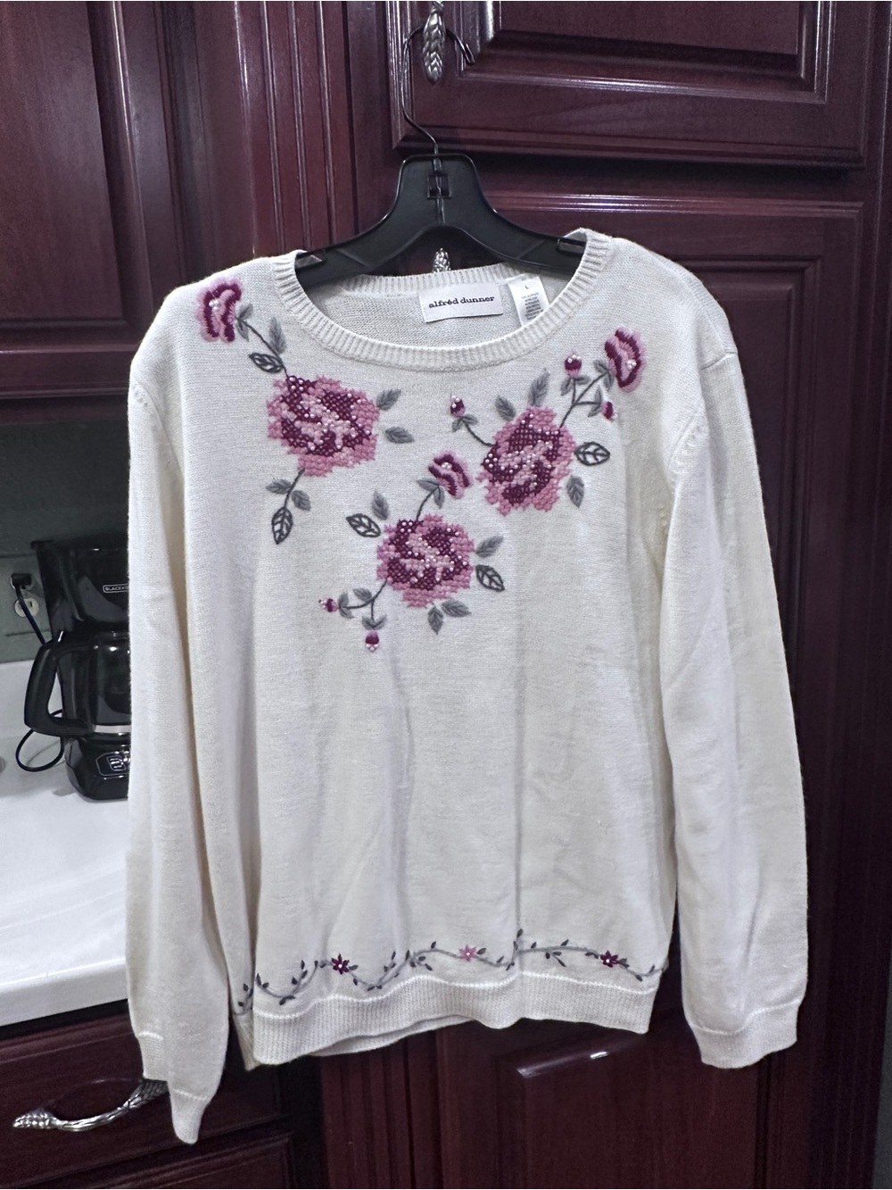 Alfred Dunner Cream Sweater with Pink Floral Bead Embroidery